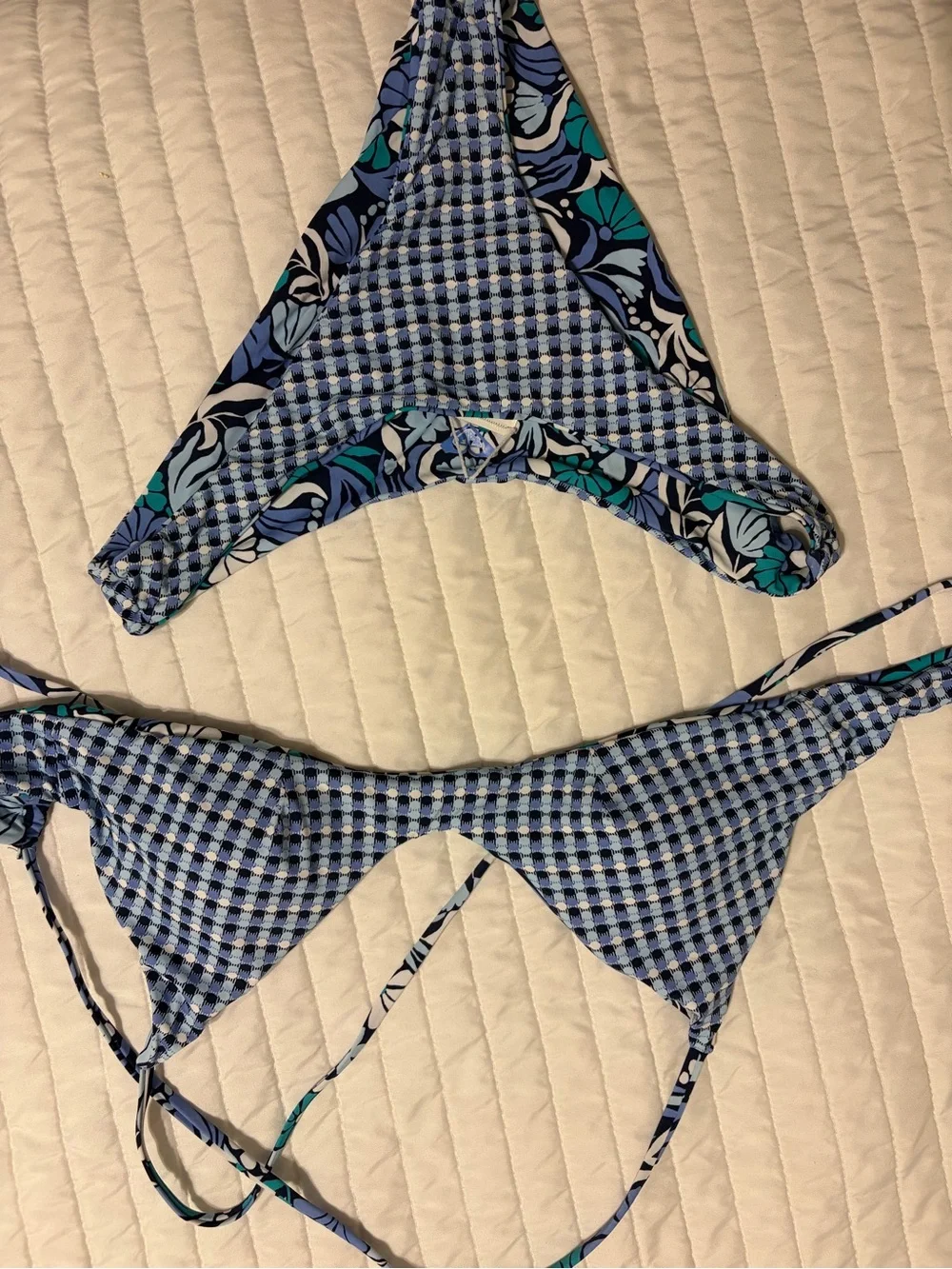 Roxy Reversible Blue Gingham & Tropical Flower Women's Bikini Set - Size Small